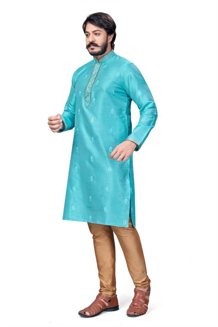 Sky Blue color Self Design jacquard cotton kurta with payjama