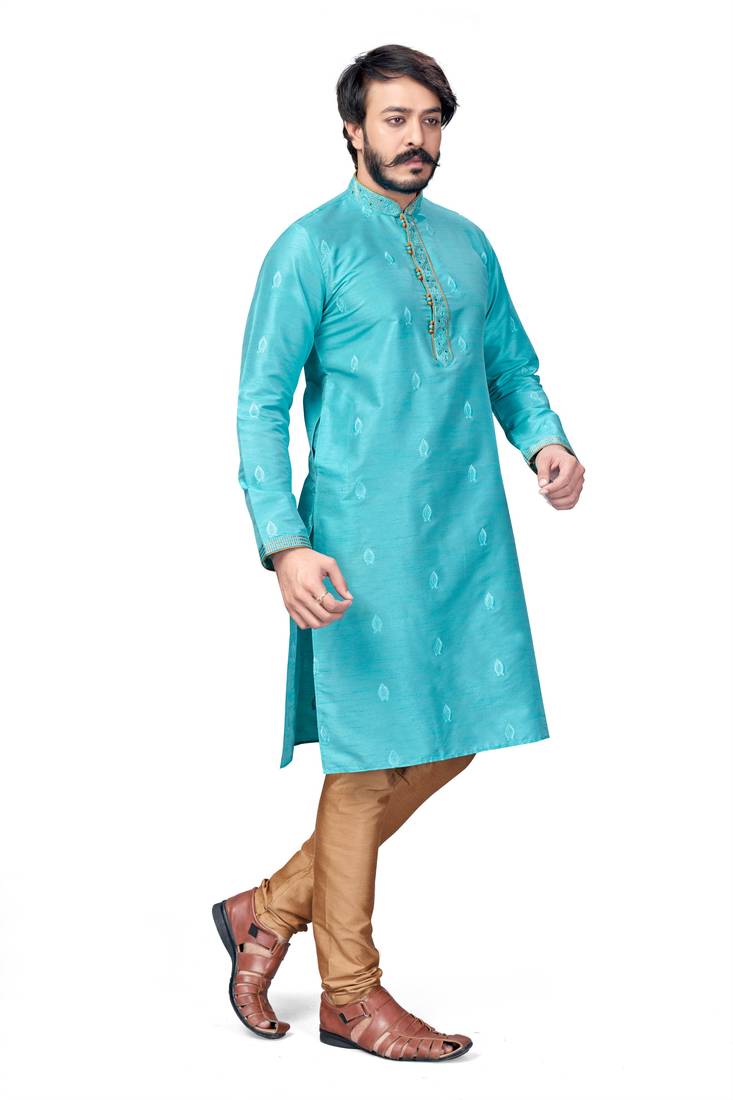 Sky Blue color Self Design jacquard cotton kurta with payjama