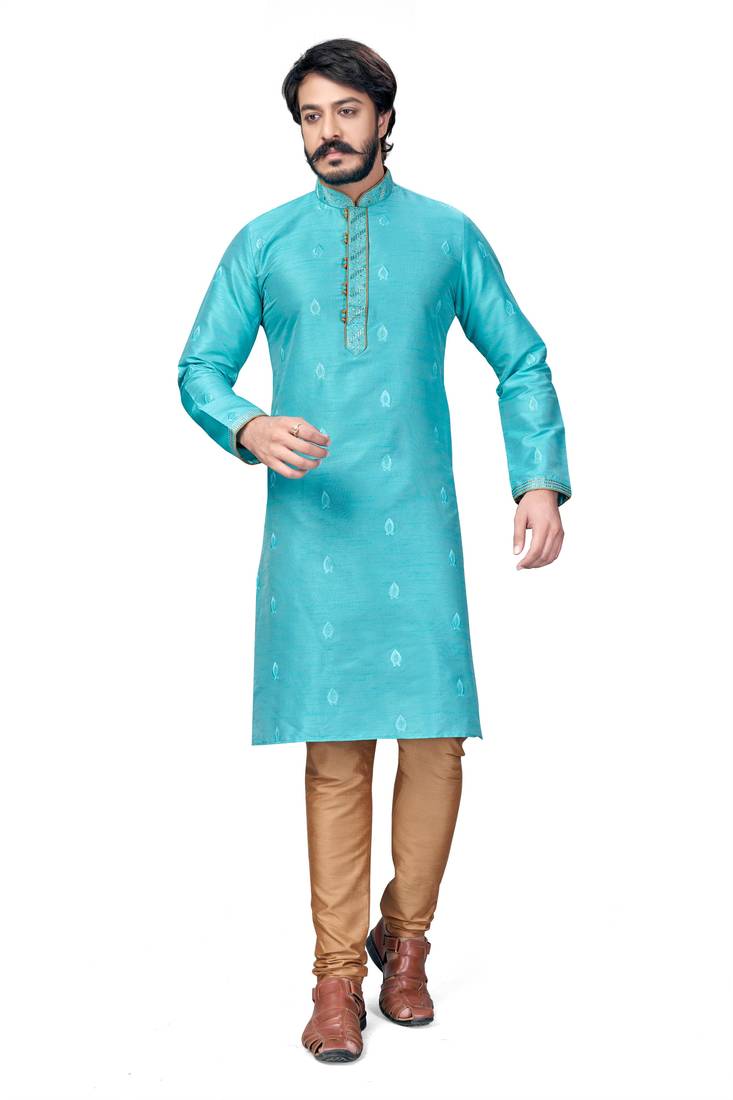 Sky Blue color Self Design jacquard cotton kurta with payjama
