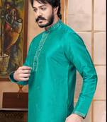 Teal Blue color Self Design jacquard cotton kurta with payjama
