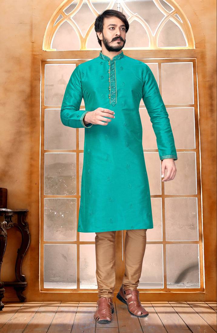 Teal Blue color Self Design jacquard cotton kurta with payjama