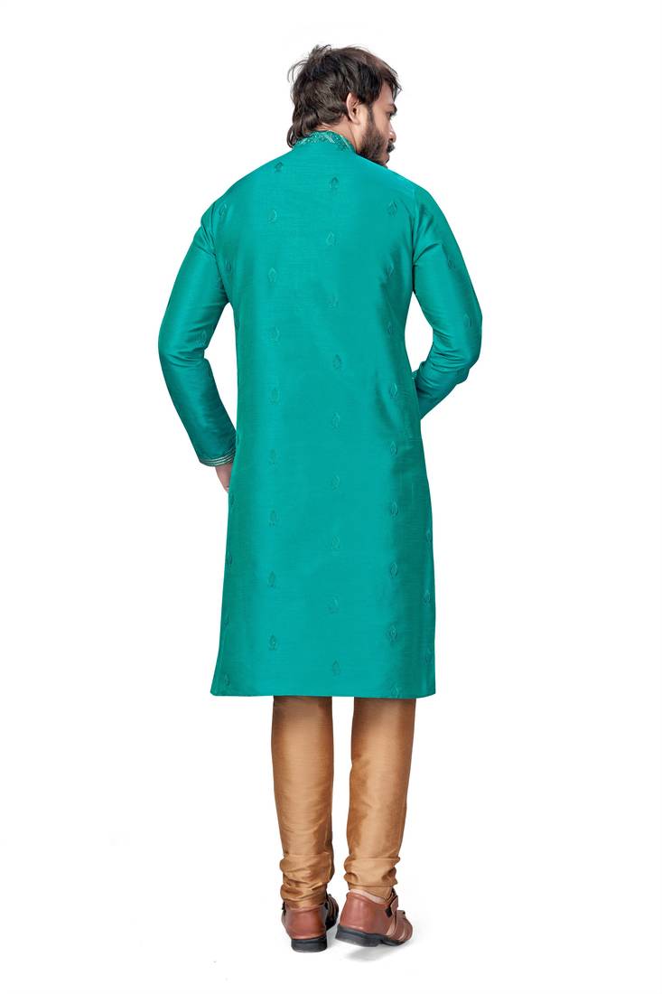 Teal Blue color Self Design jacquard cotton kurta with payjama