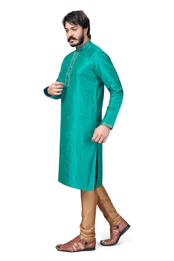 Teal Blue color Self Design jacquard cotton kurta with payjama