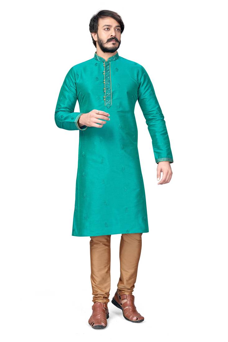 Teal Blue color Self Design jacquard cotton kurta with payjama