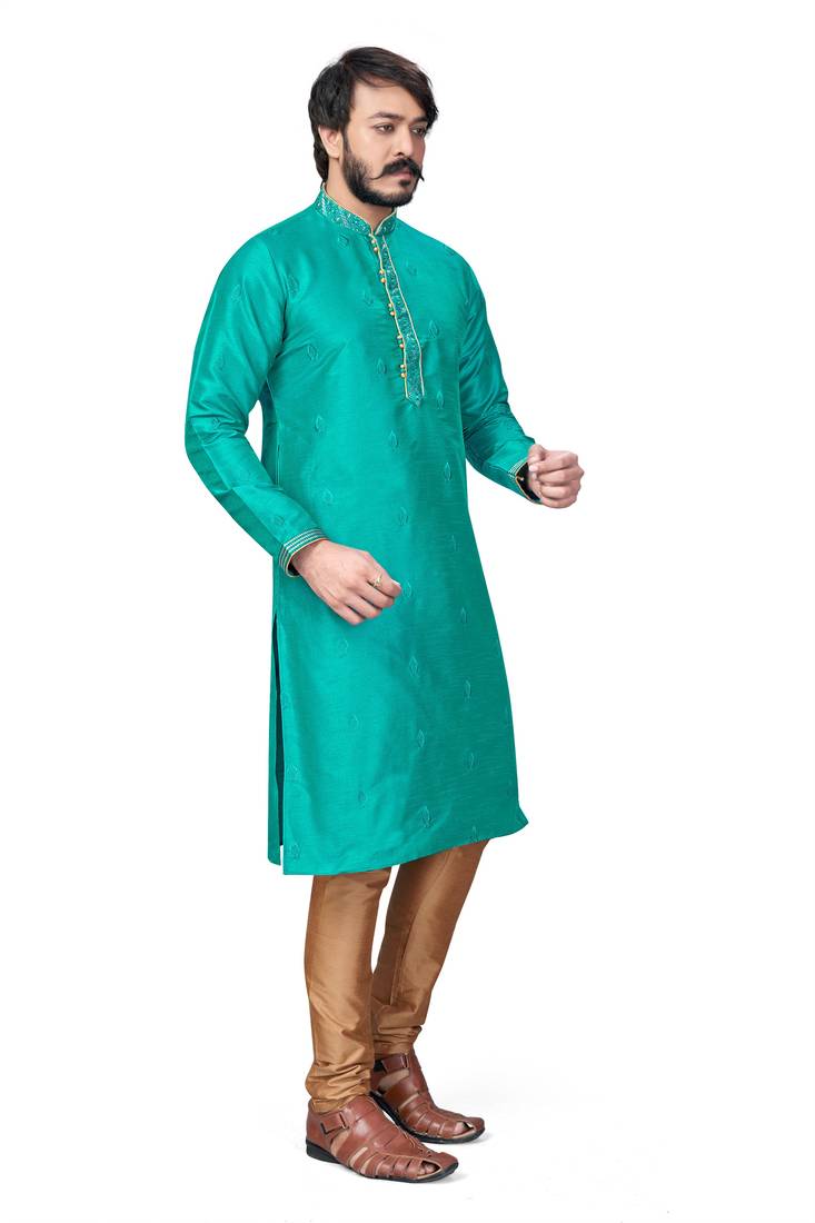 Teal Blue color Self Design jacquard cotton kurta with payjama