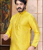 Yellow color Self Design jacquard cotton kurta with payjama