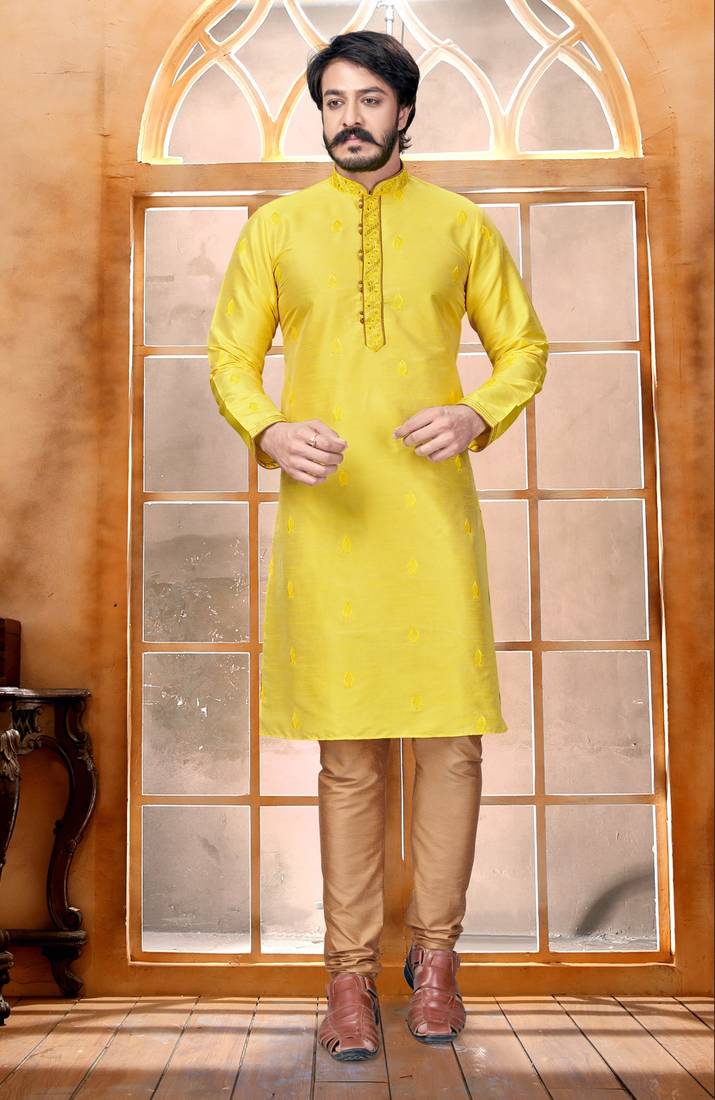 Yellow color Self Design jacquard cotton kurta with payjama