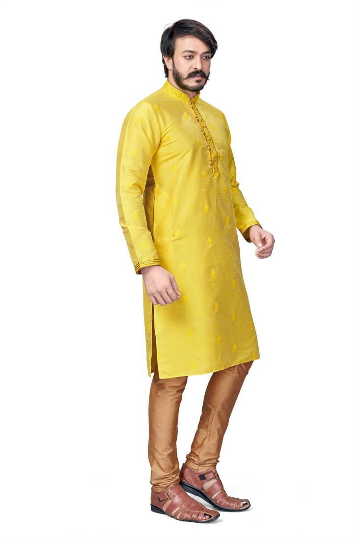 Yellow color Self Design jacquard cotton kurta with payjama