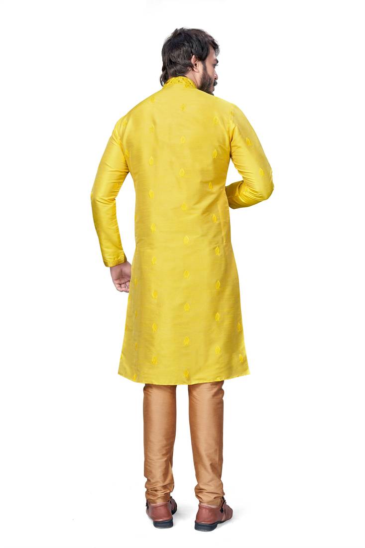 Yellow color Self Design jacquard cotton kurta with payjama