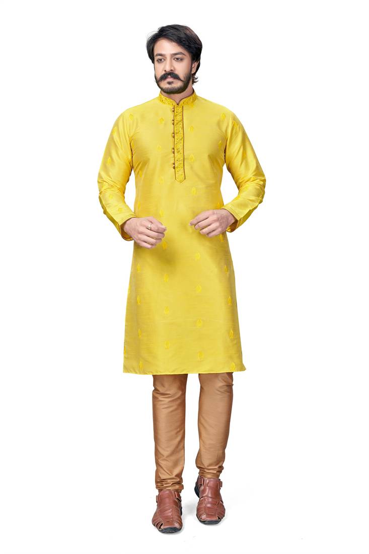 Yellow color Self Design jacquard cotton kurta with payjama