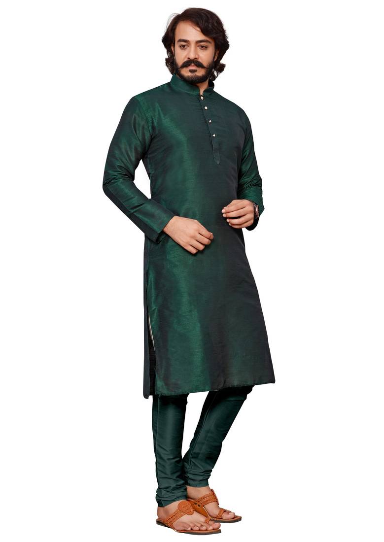 Bottel Green color cotton Silk kurta with payjama