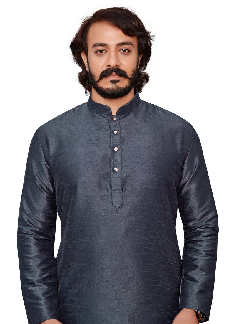 Dark Grey color cotton Silk kurta with payjama