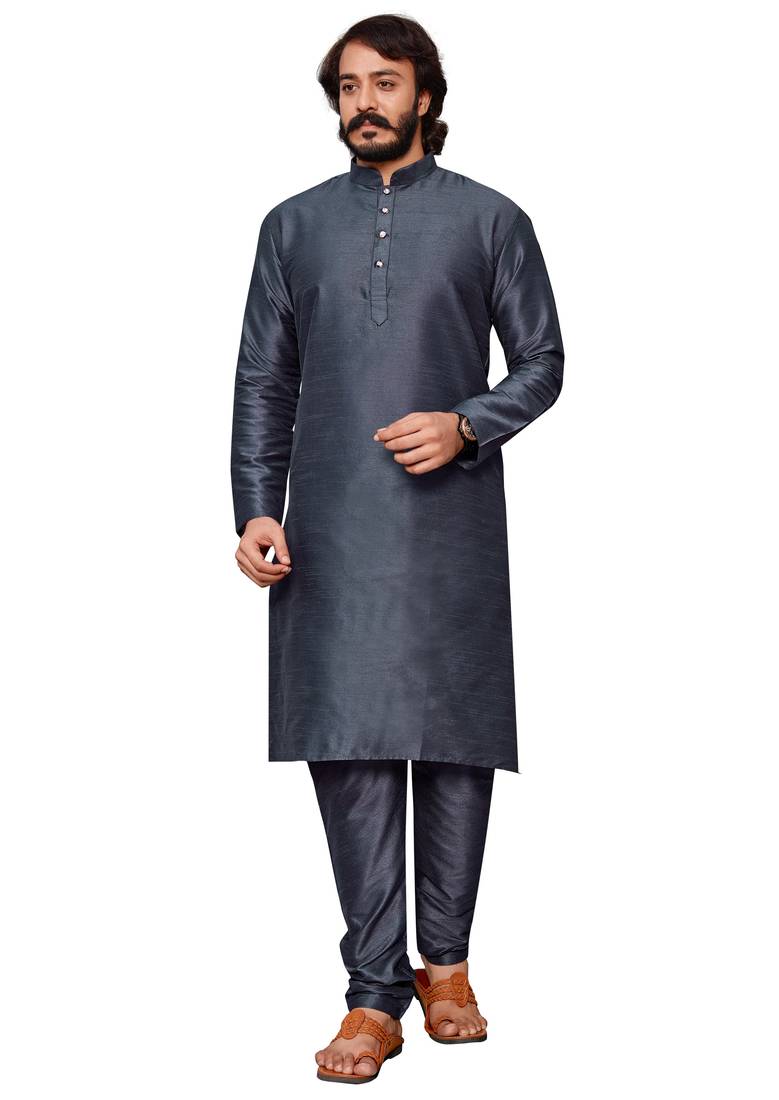 Dark Grey color cotton Silk kurta with payjama