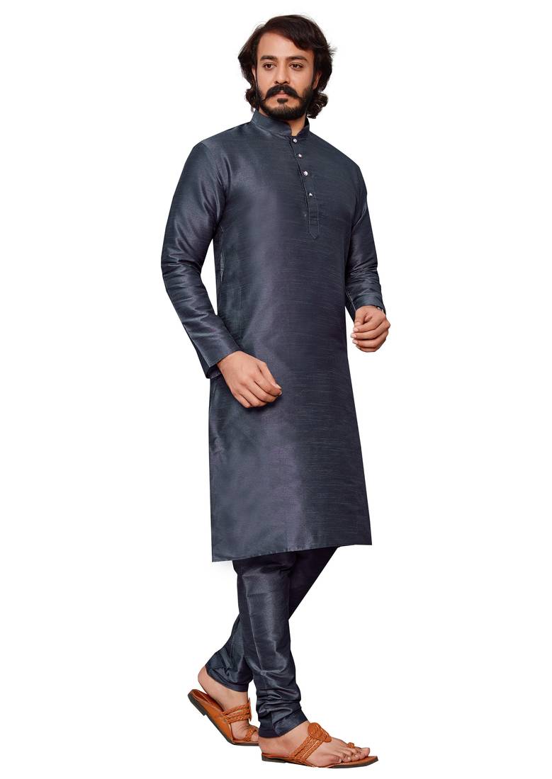 Dark Grey color cotton Silk kurta with payjama