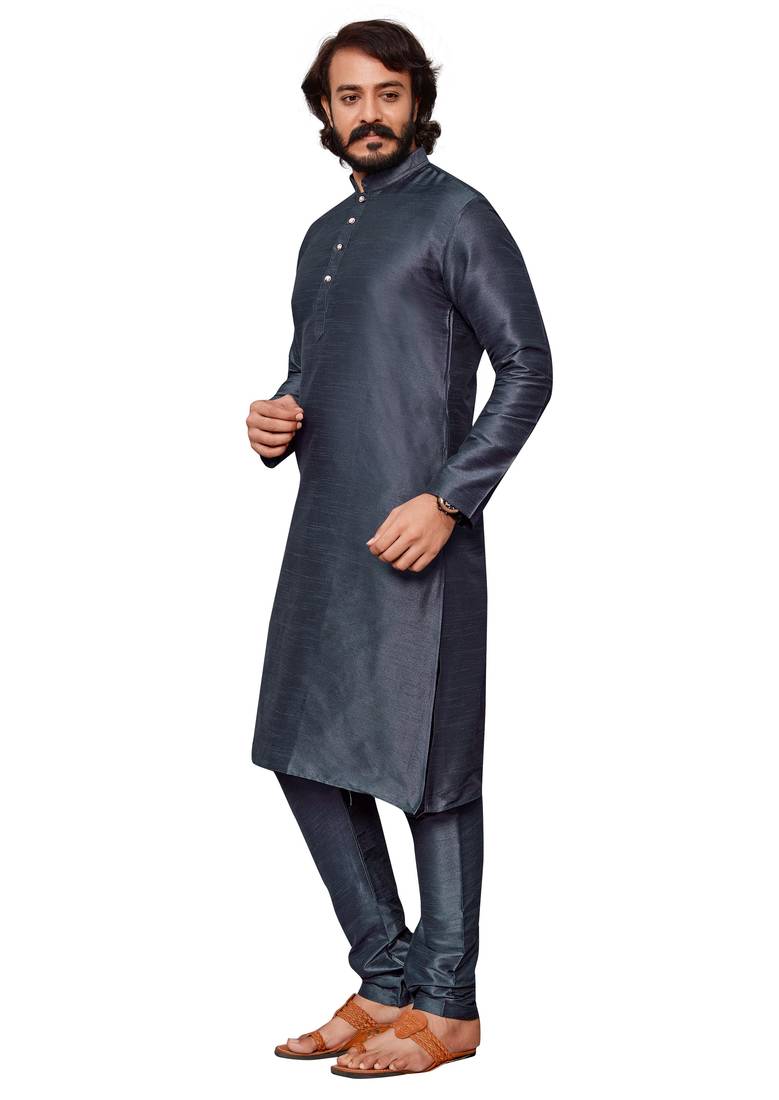 Dark Grey color cotton Silk kurta with payjama