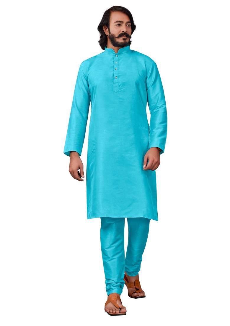 Firozi color cotton Silk kurta with payjama