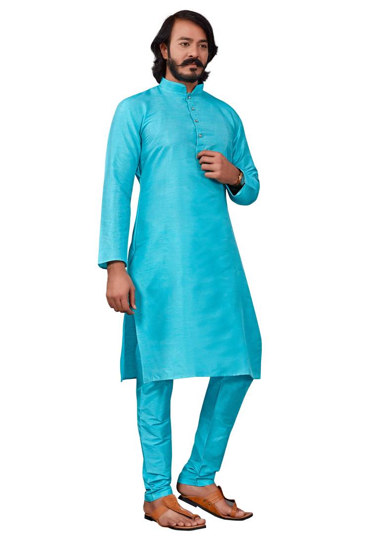 Firozi color cotton Silk kurta with payjama
