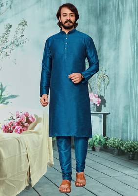 Mor Pichh color cotton Silk kurta with payjama 1