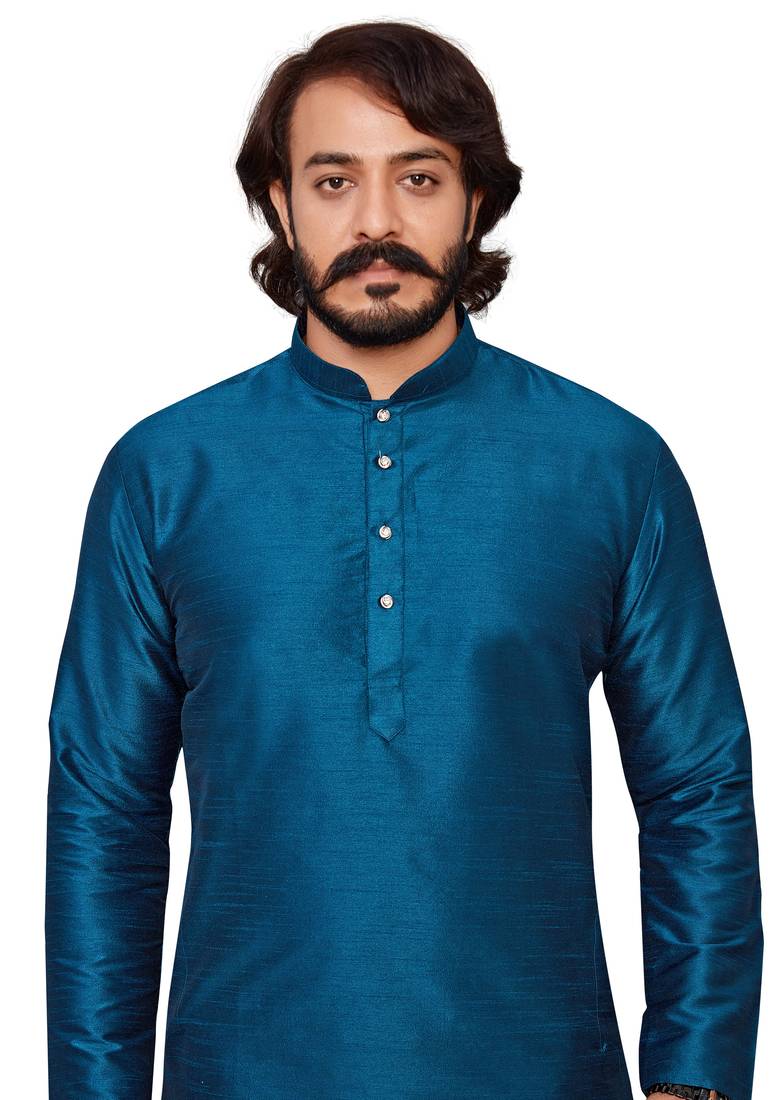 Mor Pichh color cotton Silk kurta with payjama