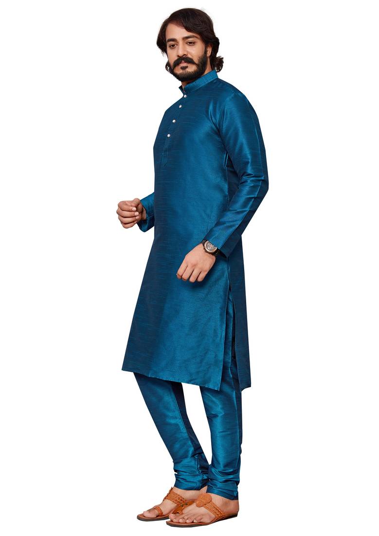 Mor Pichh color cotton Silk kurta with payjama