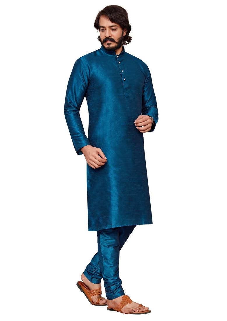 Mor Pichh color cotton Silk kurta with payjama