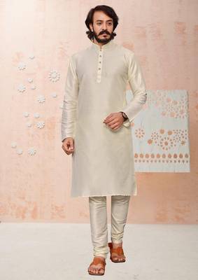 Off white color cotton Silk kurta with payjama 1