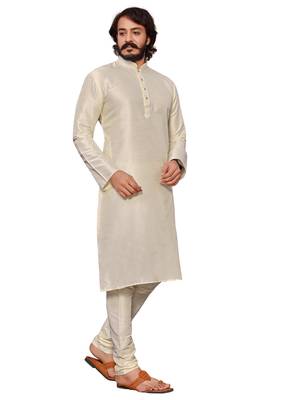 Off white color cotton Silk kurta with payjama 4