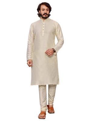 Off white color cotton Silk kurta with payjama 6