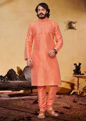 Orange color cotton Silk kurta with payjama 1