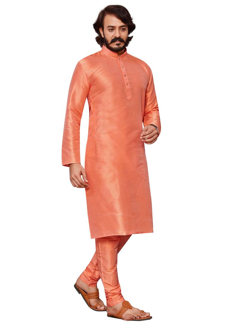 Orange color cotton Silk kurta with payjama