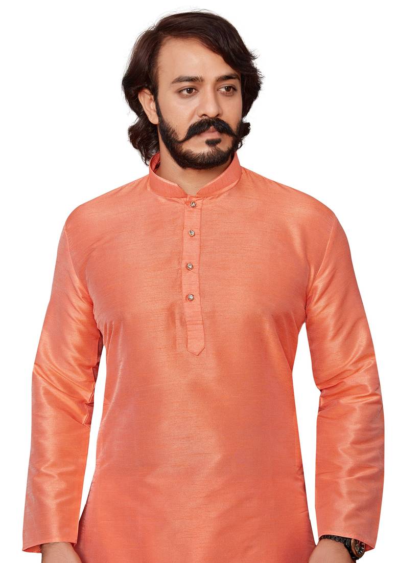 Orange color cotton Silk kurta with payjama