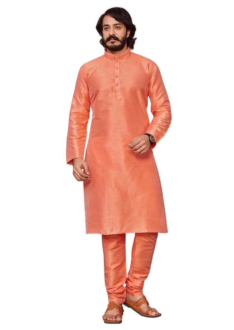 Orange color cotton Silk kurta with payjama