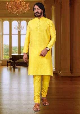 Yellow color cotton Silk kurta with payjama 1