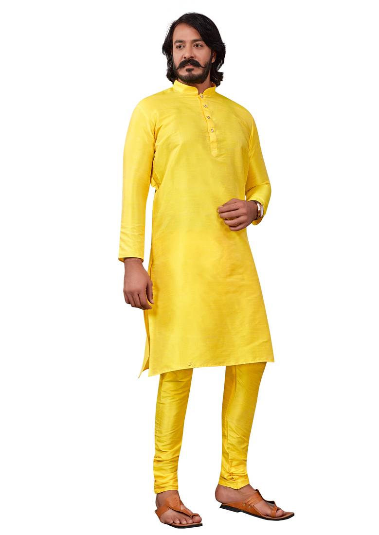 Yellow color cotton Silk kurta with payjama