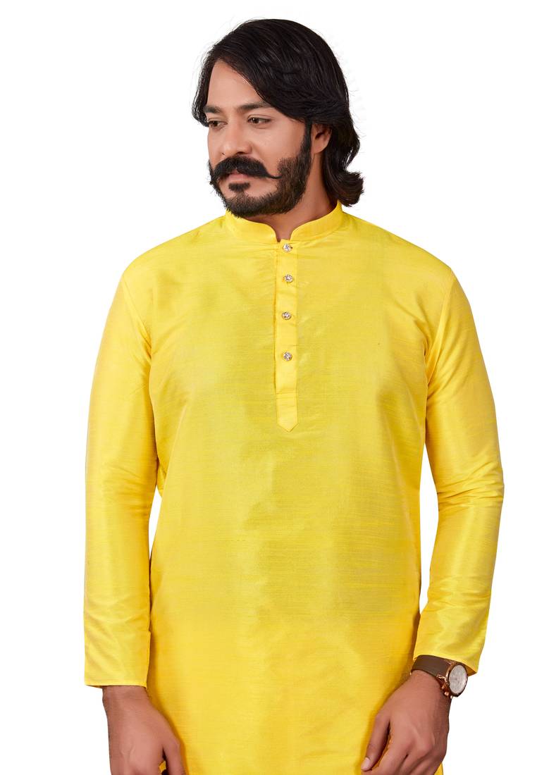 Yellow color cotton Silk kurta with payjama