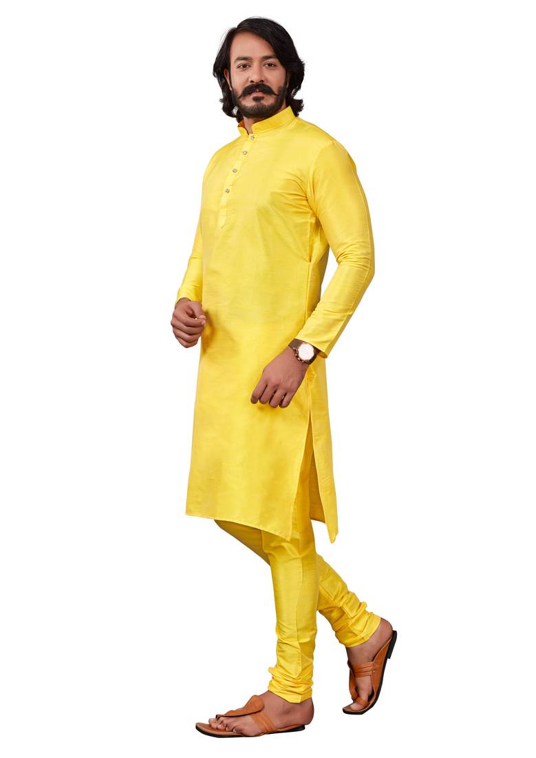 Yellow color cotton Silk kurta with payjama
