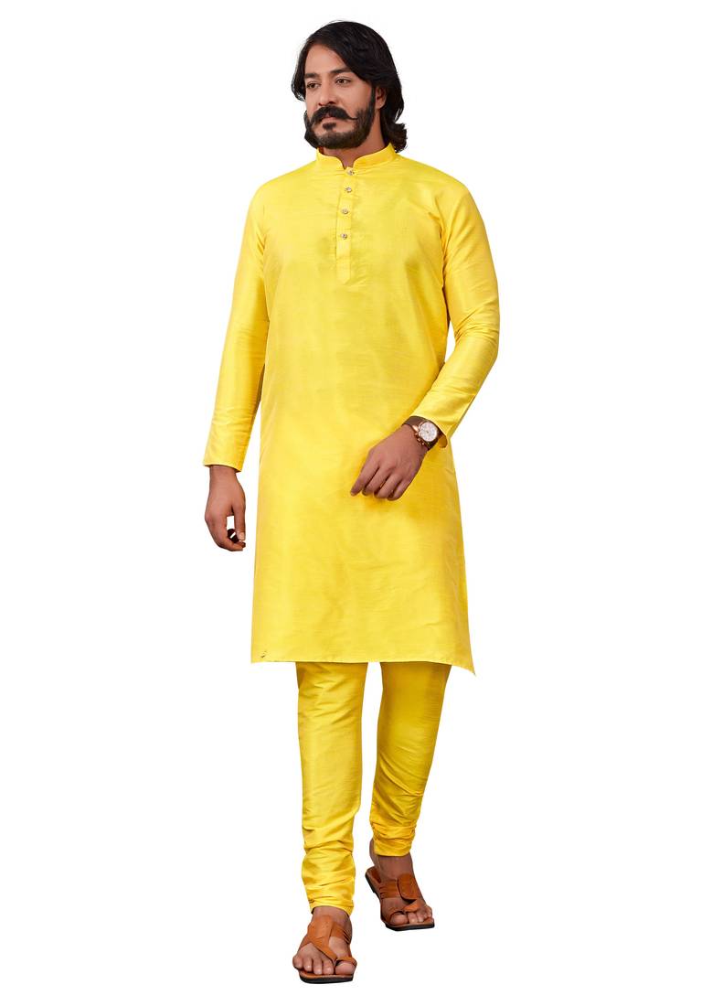 Yellow color cotton Silk kurta with payjama