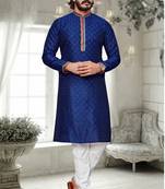 Blue color Self Design jacquard cotton kurta with payjama