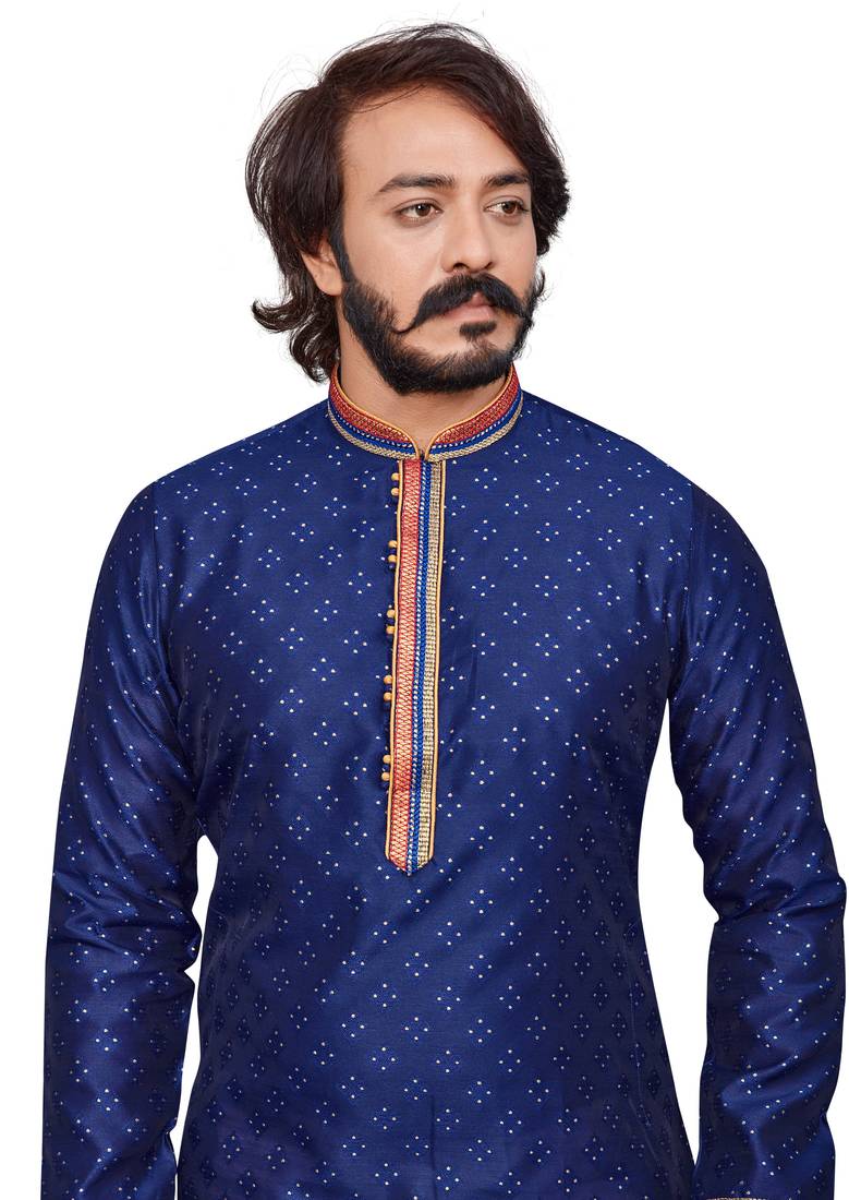 Blue color Self Design jacquard cotton kurta with payjama
