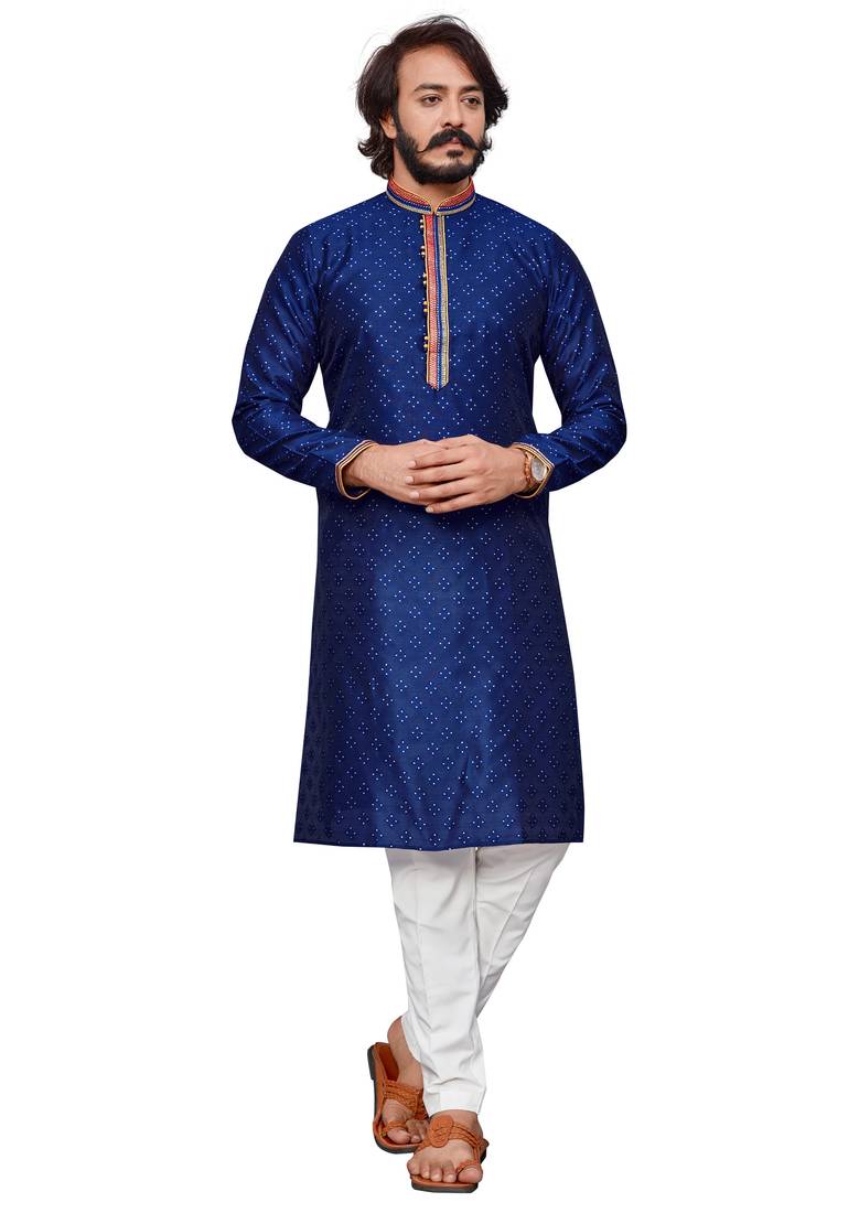 Blue color Self Design jacquard cotton kurta with payjama