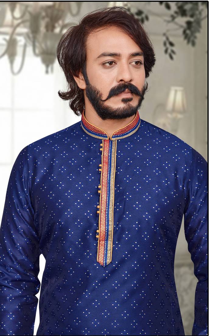 Blue color Self Design jacquard cotton kurta with payjama