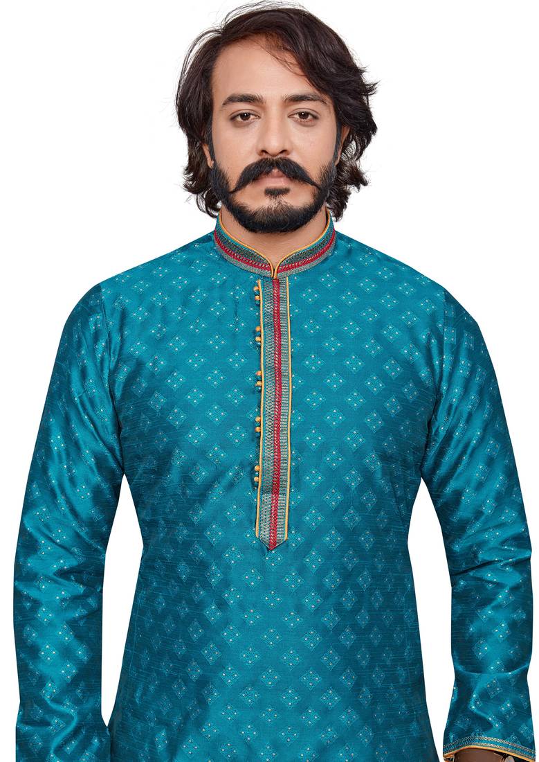 Rama color Self Design jacquard cotton kurta with payjama
