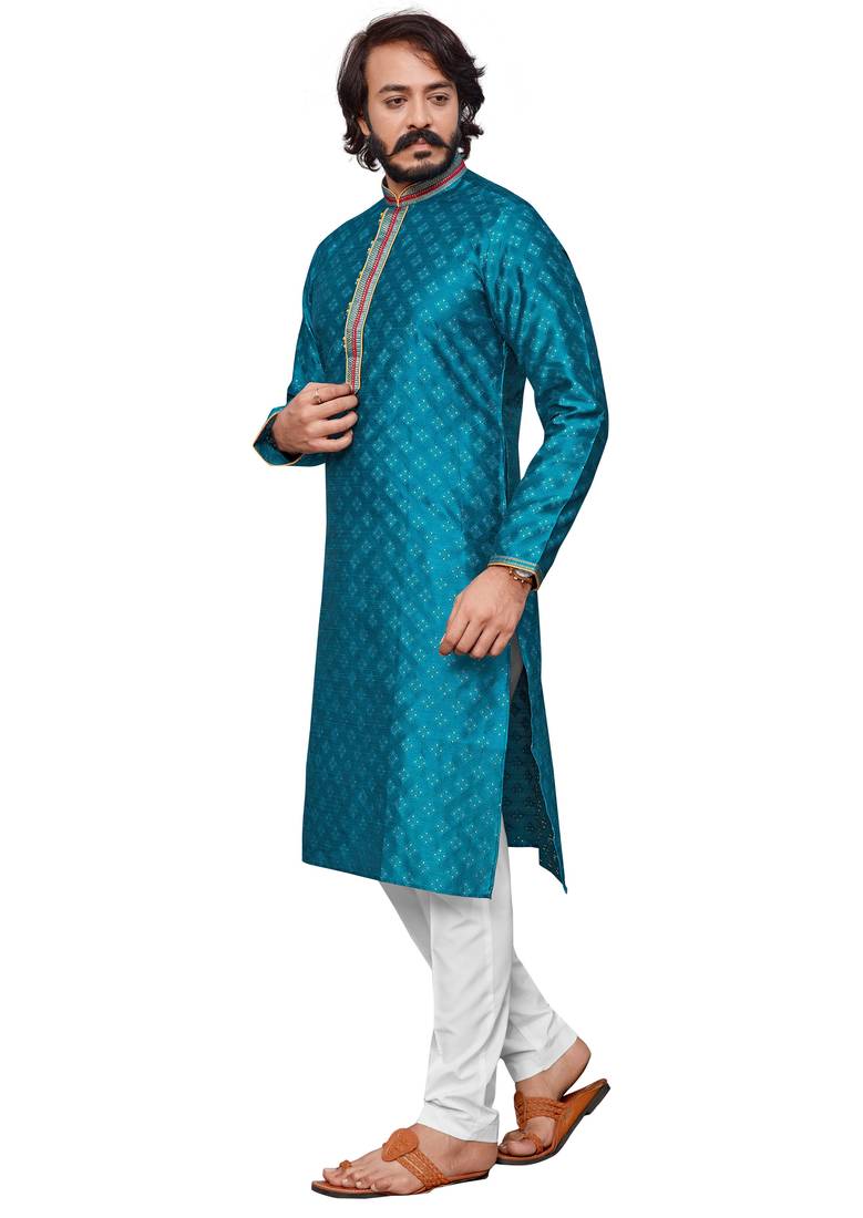 Rama color Self Design jacquard cotton kurta with payjama