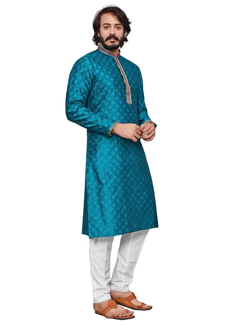 Rama color Self Design jacquard cotton kurta with payjama