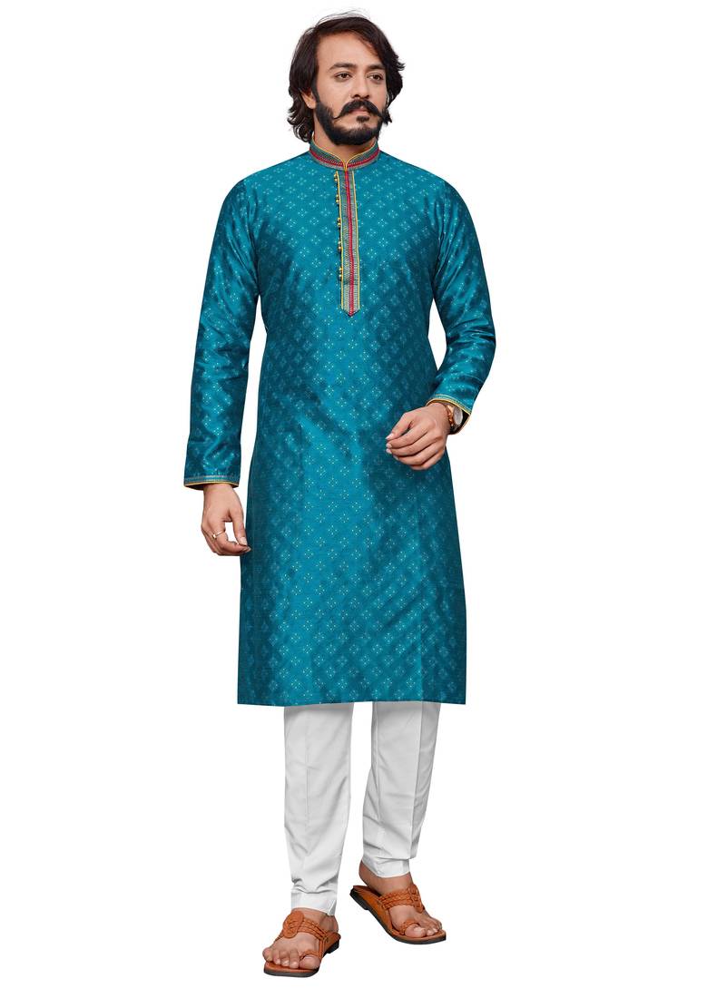 Rama color Self Design jacquard cotton kurta with payjama