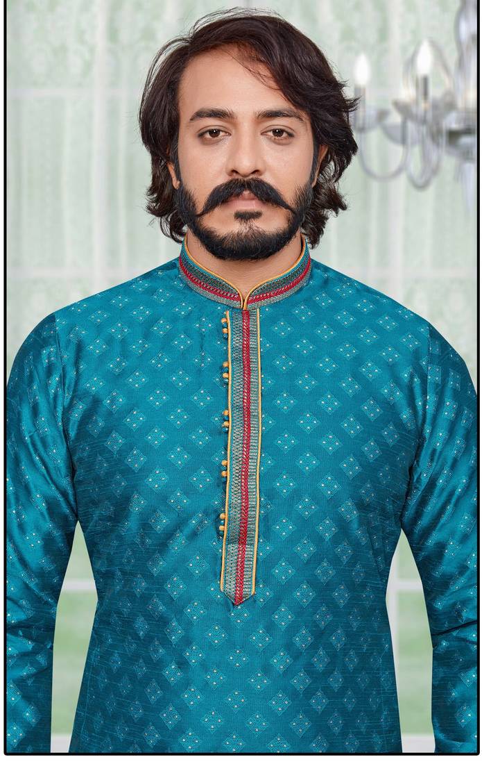 Rama color Self Design jacquard cotton kurta with payjama