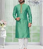 Teal Blue color Self Design jacquard cotton kurta with payjama