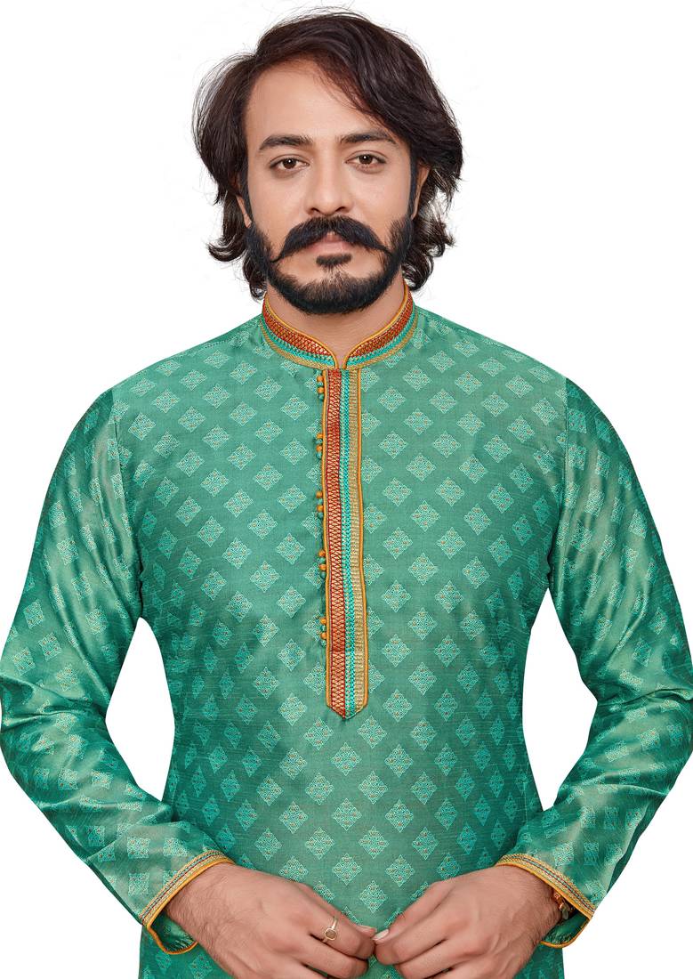 Teal Blue color Self Design jacquard cotton kurta with payjama