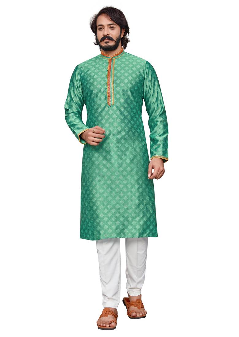 Teal Blue color Self Design jacquard cotton kurta with payjama