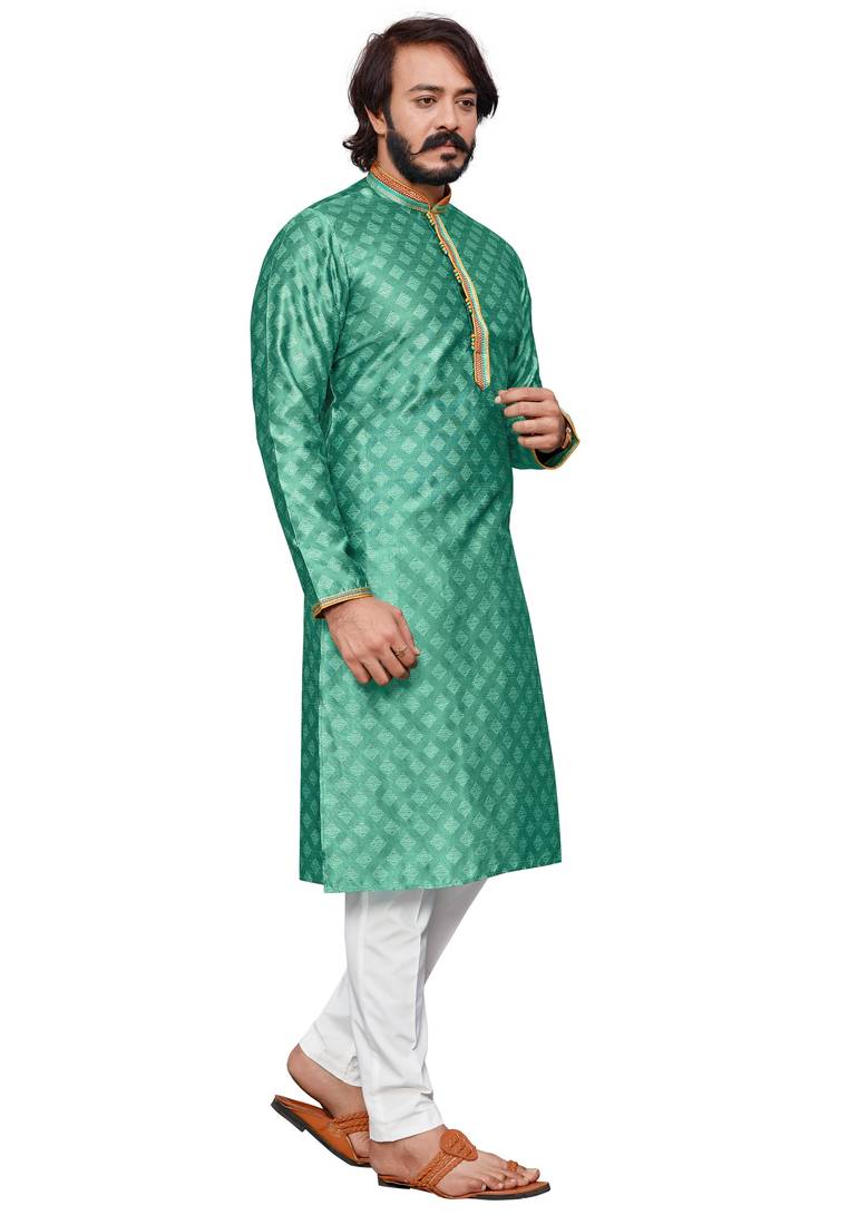Teal Blue color Self Design jacquard cotton kurta with payjama